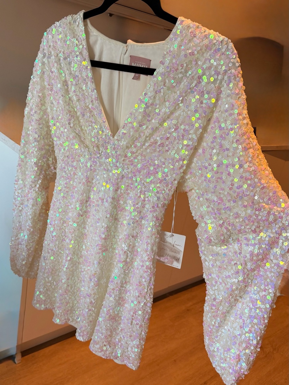 Show Me Your Mumu Iridescent Sequin Long Sleeve Mini Dress - White
